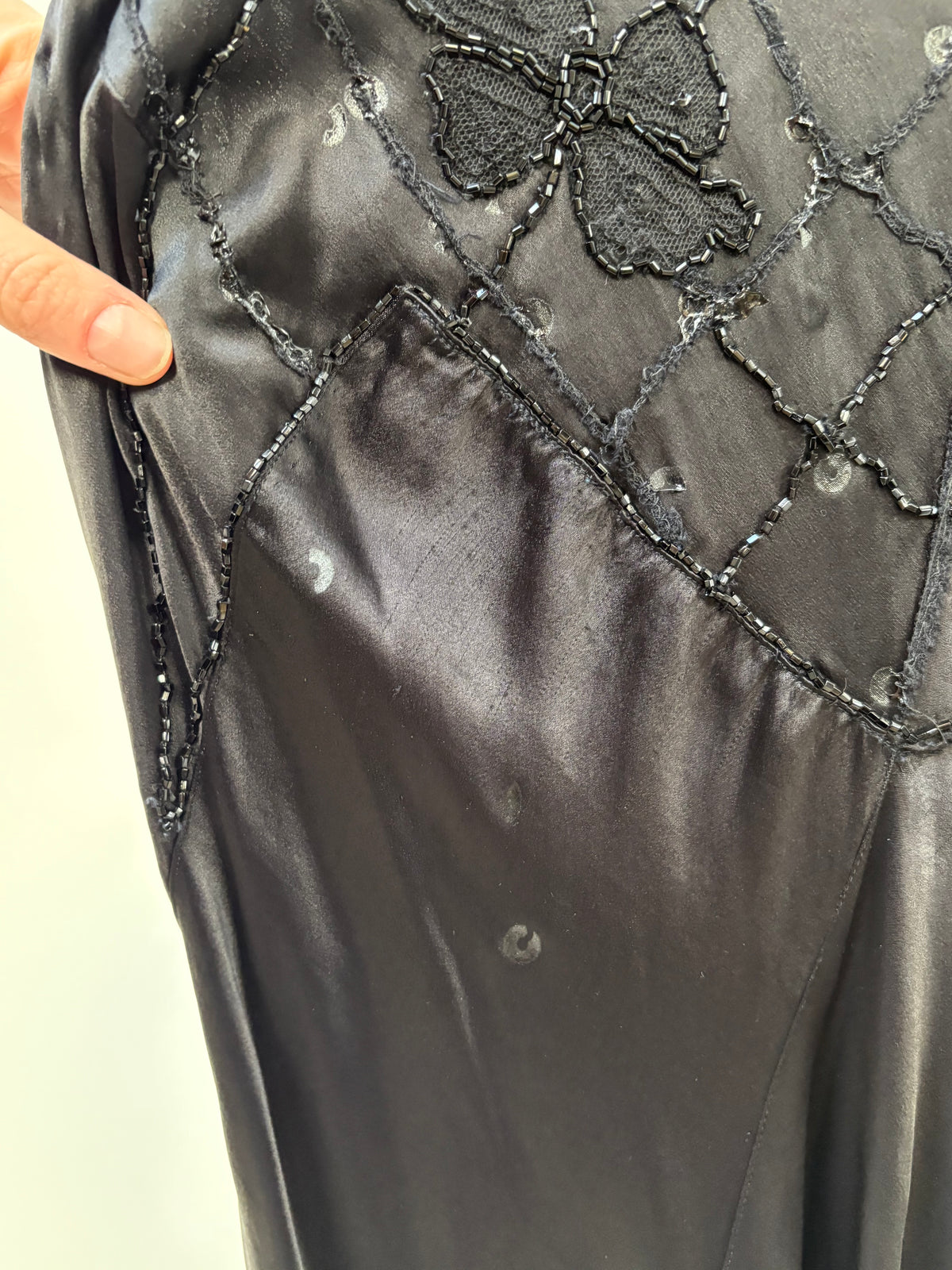 1930s Black Satin Beaded Evening Dress (wounded)