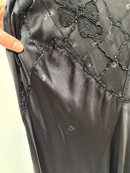 1930s Black Satin Beaded Evening Dress (wounded)