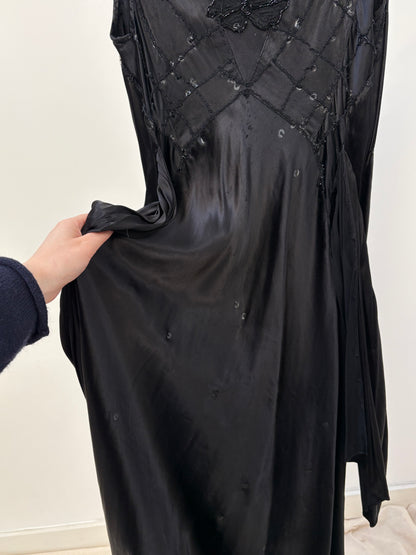 1930s Black Satin Beaded Evening Dress (wounded)