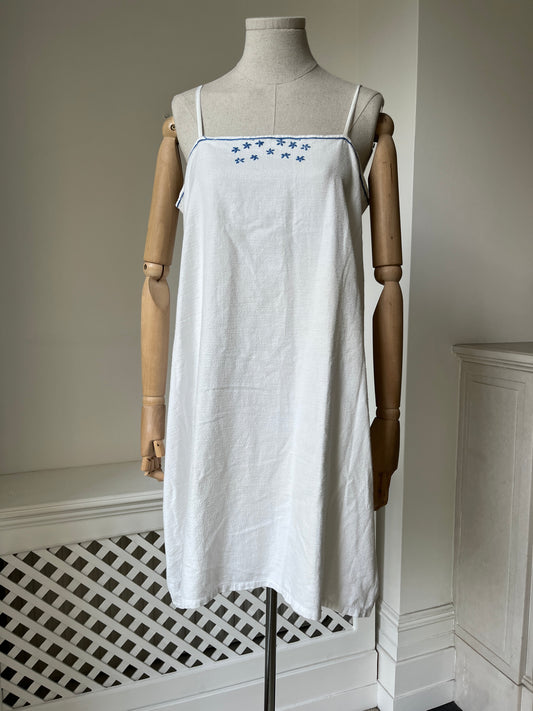 1900s White Brushed Cotton Chemise Tunic with Blue Embroidery