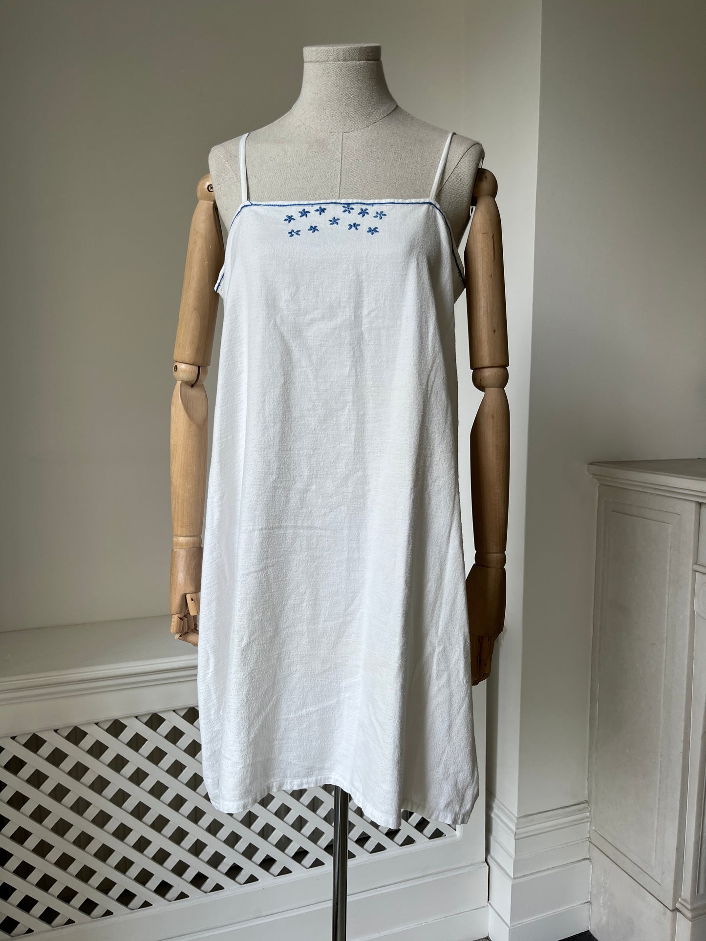 1900s White Brushed Cotton Chemise Tunic with Blue Embroidery