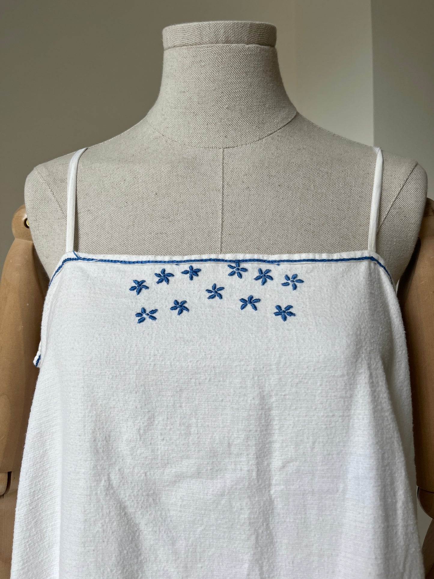 1900s White Brushed Cotton Chemise Tunic with Blue Embroidery