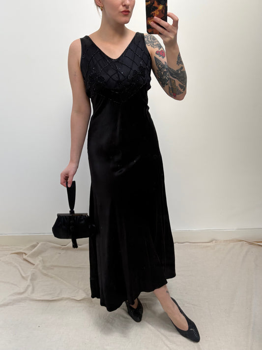1930s Black Satin Evening Dress