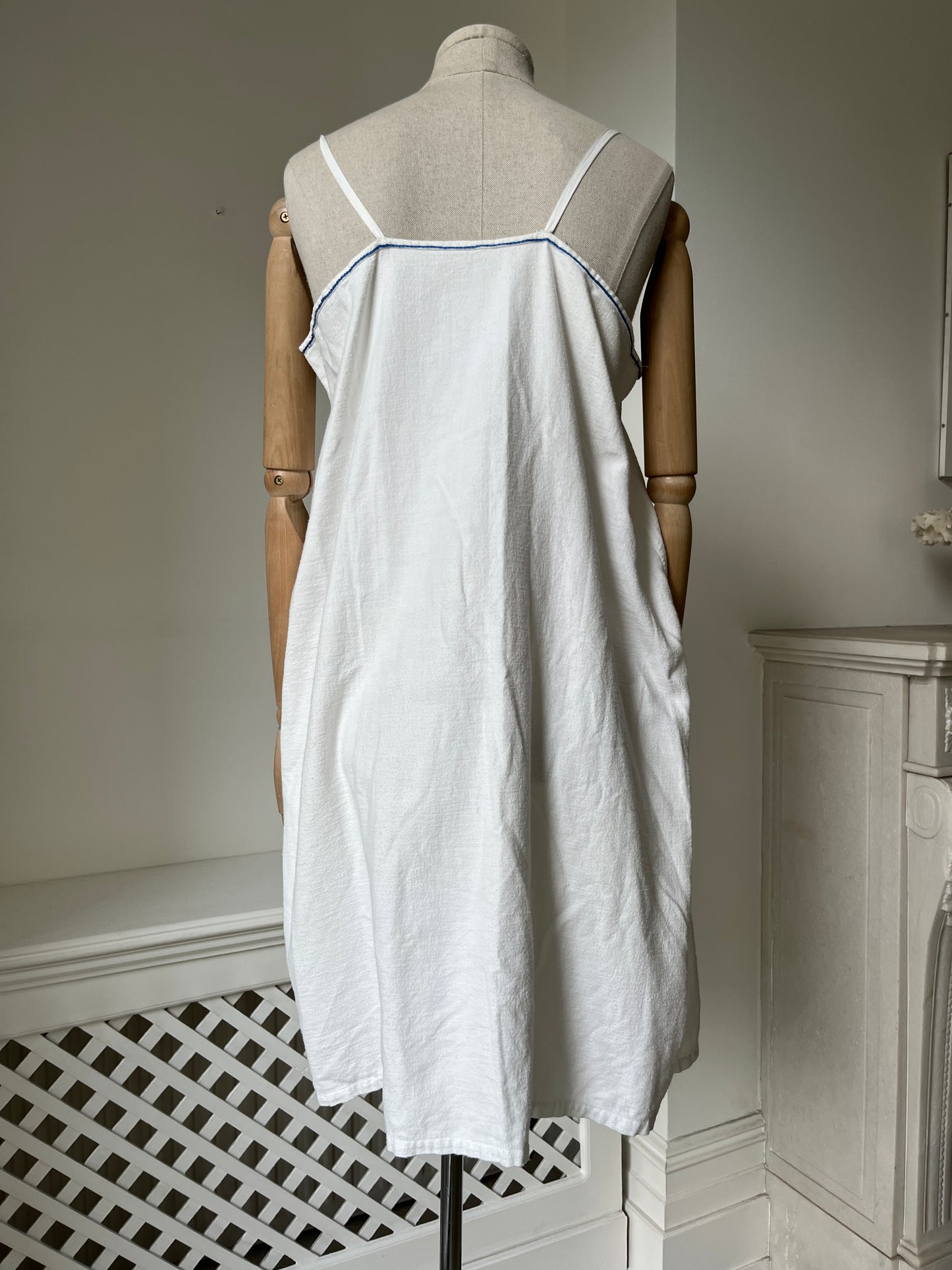 1900s White Brushed Cotton Chemise Tunic with Blue Embroidery