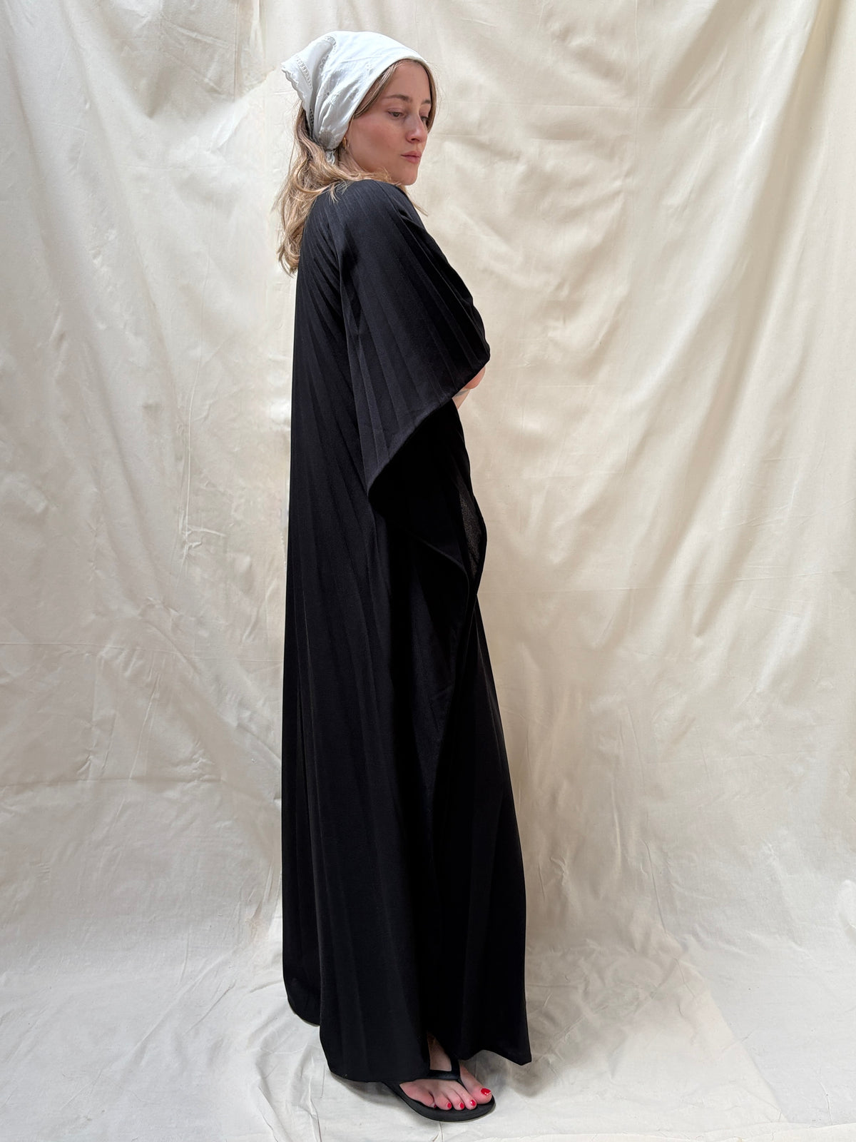 1970s Black Sunburst Pleated Kaftan Dress