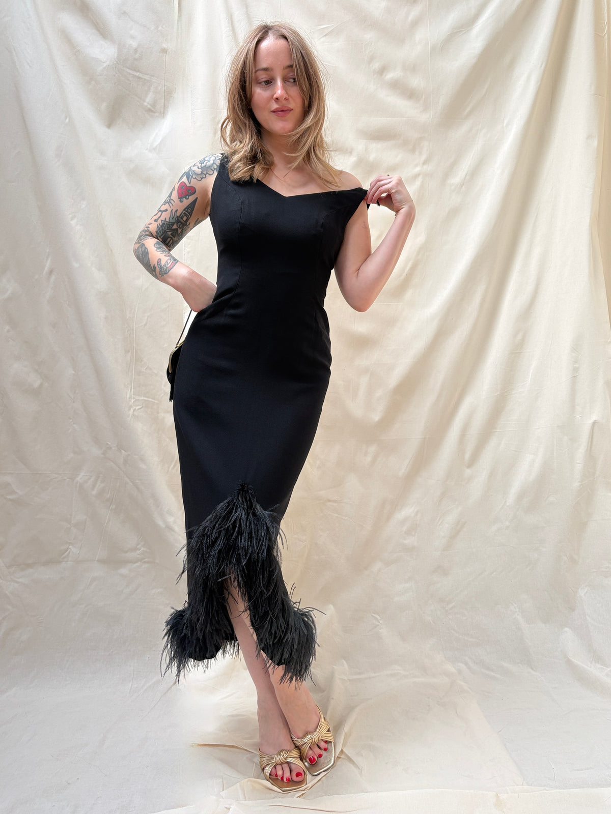1960s Wiggle Dress with Feather Hem
