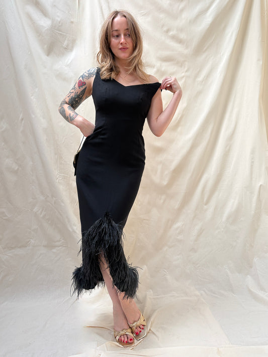 1960s Wiggle Dress with Feather Hem