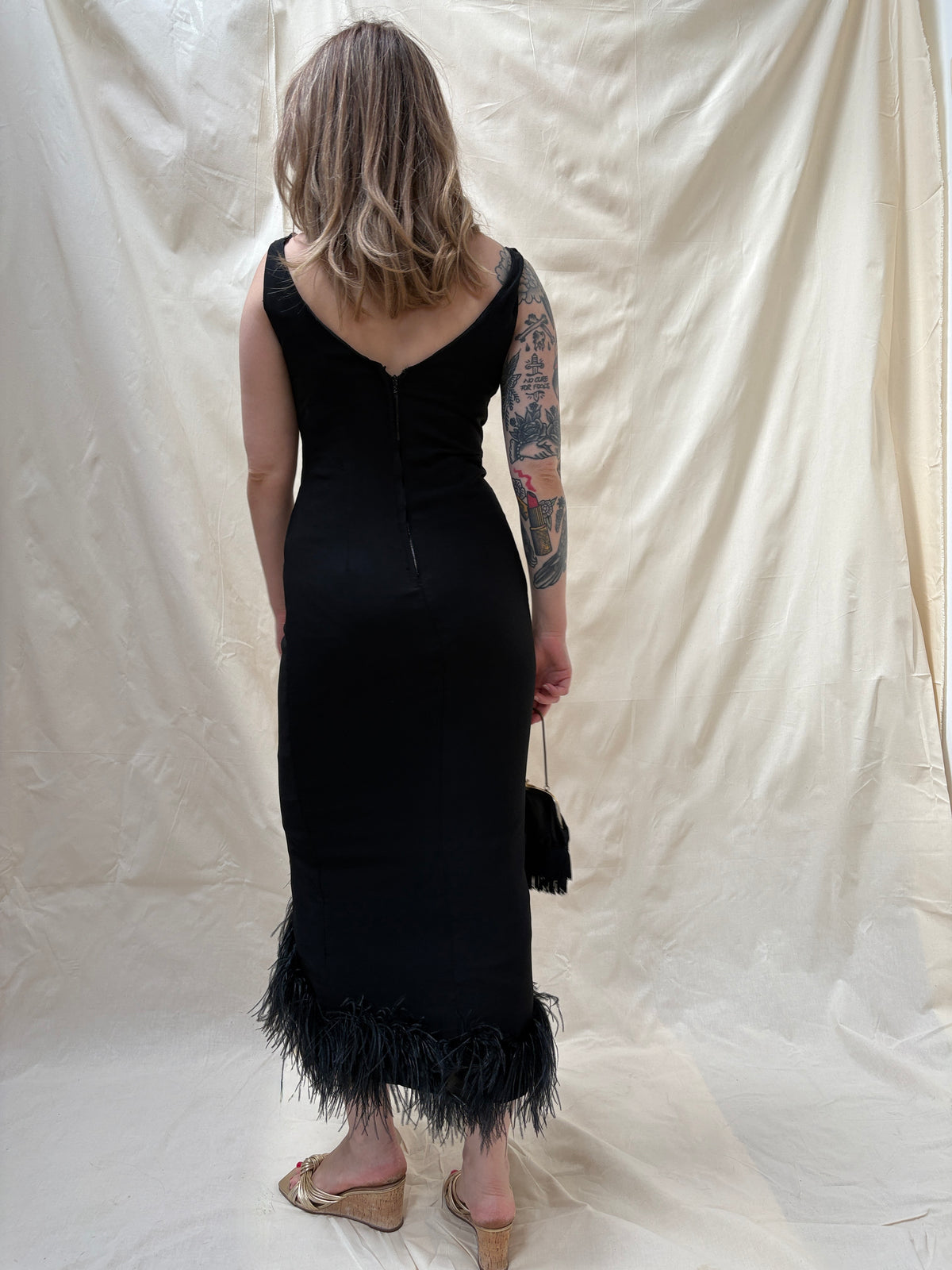 1960s Wiggle Dress with Feather Hem
