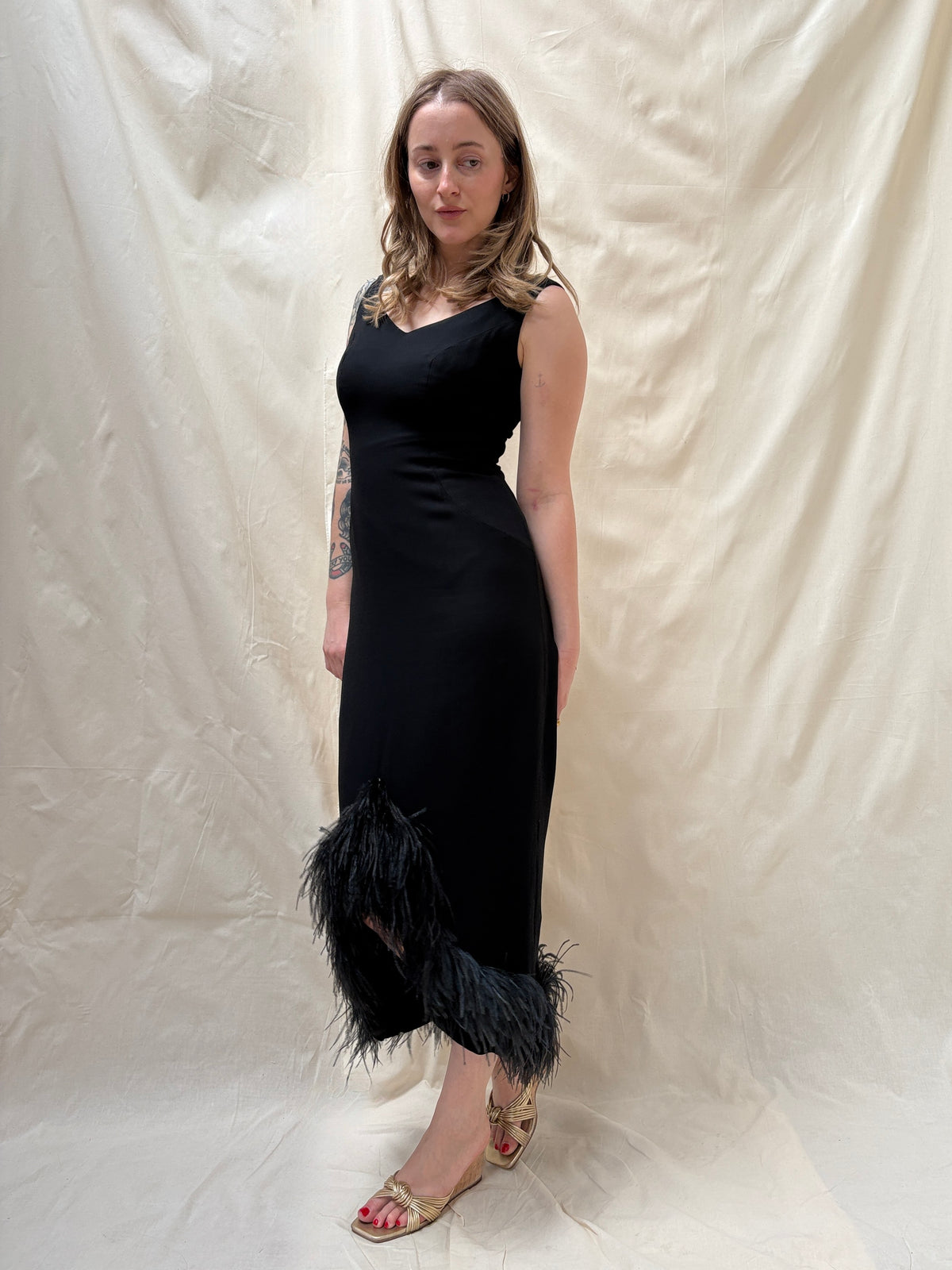 1960s Wiggle Dress with Feather Hem