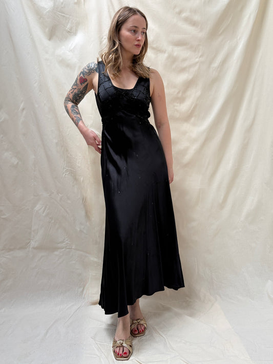 1930s Black Satin Beaded Evening Dress (wounded)