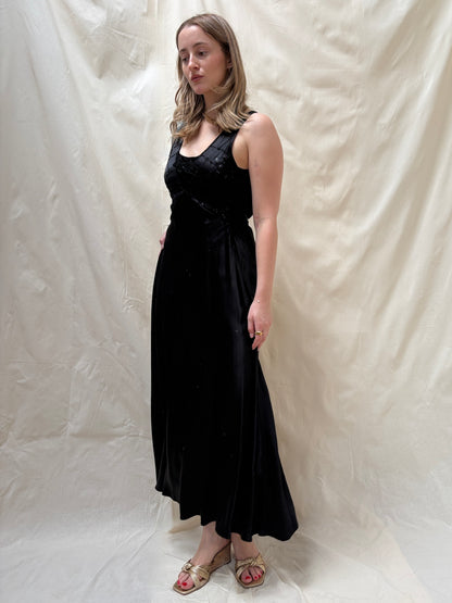 1930s Black Satin Beaded Evening Dress (wounded)