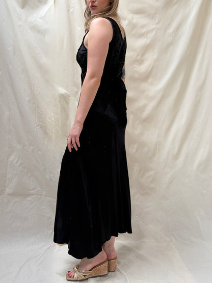 1930s Black Satin Beaded Evening Dress (wounded)