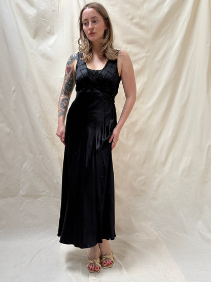 1930s Black Satin Beaded Evening Dress (wounded)