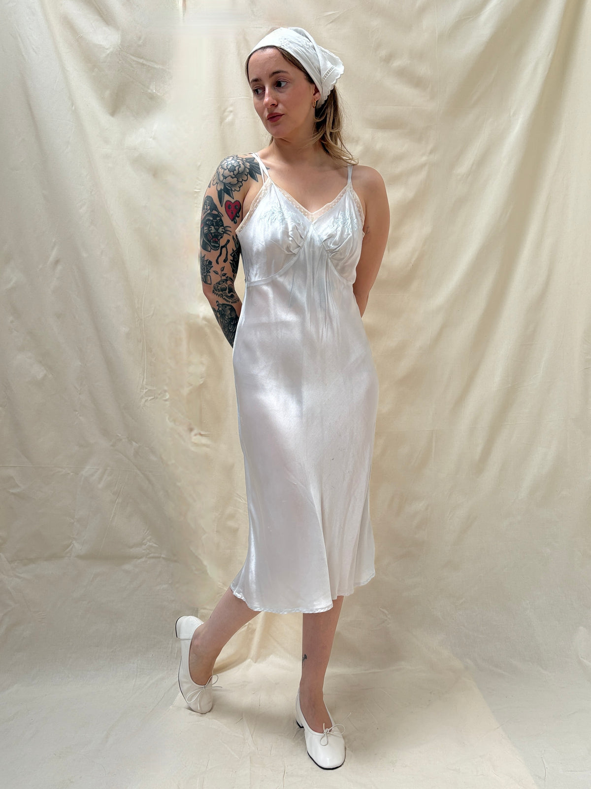 1940s Deadstock Ice Blue Satin Bias Slip
