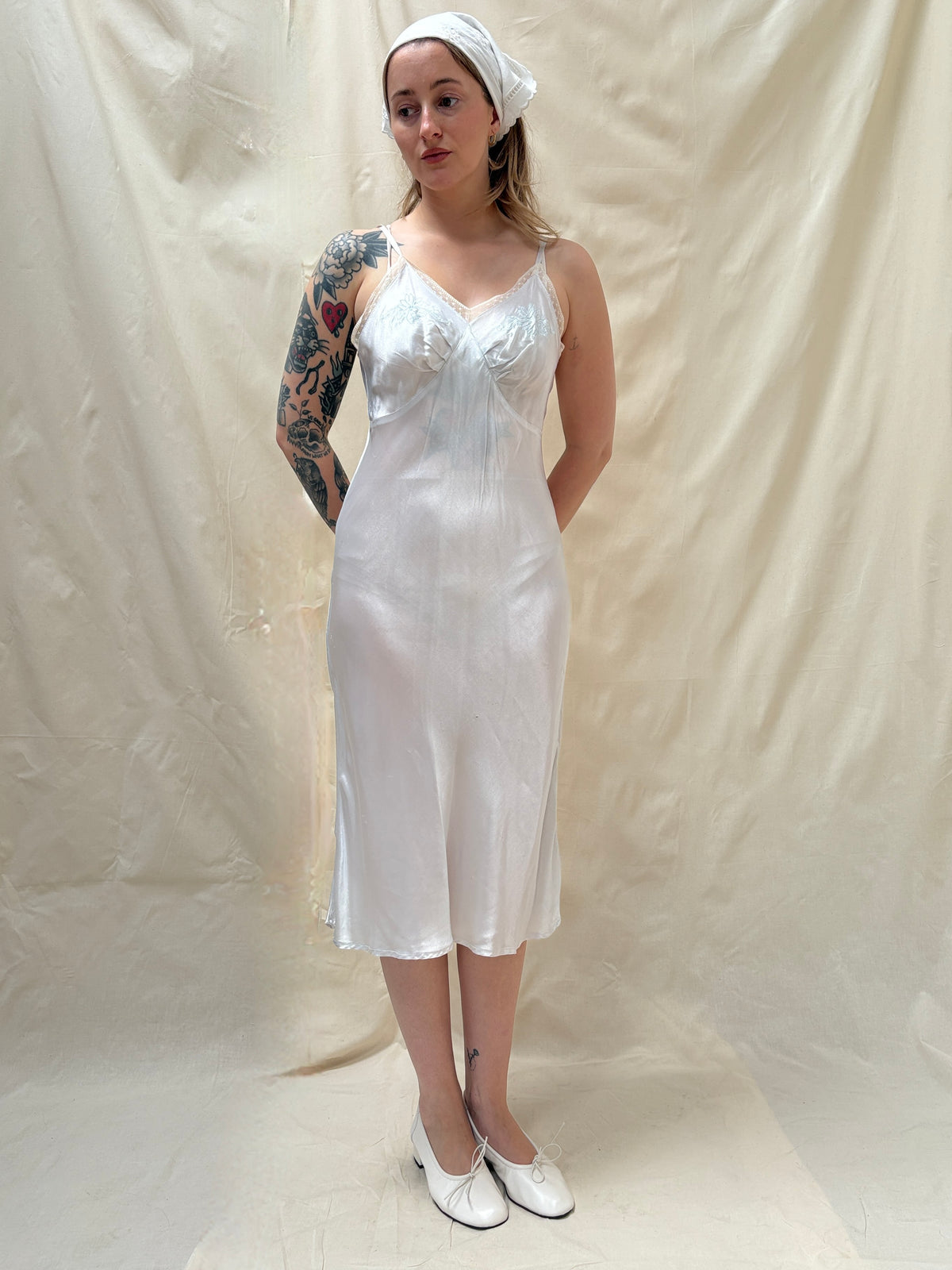 1940s Deadstock Ice Blue Satin Bias Slip