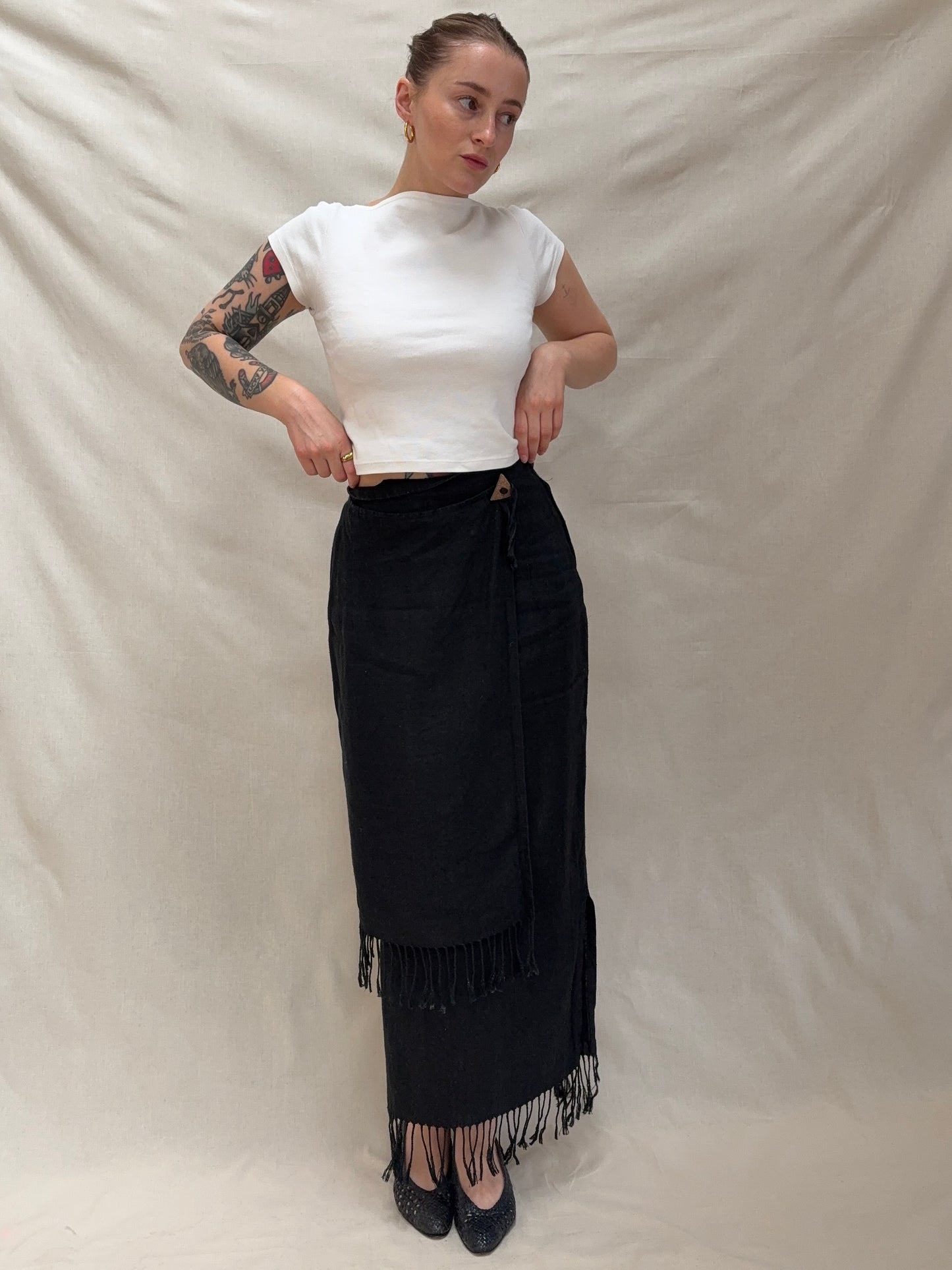 2000s Pure Linen Tassels Maxi Skirt