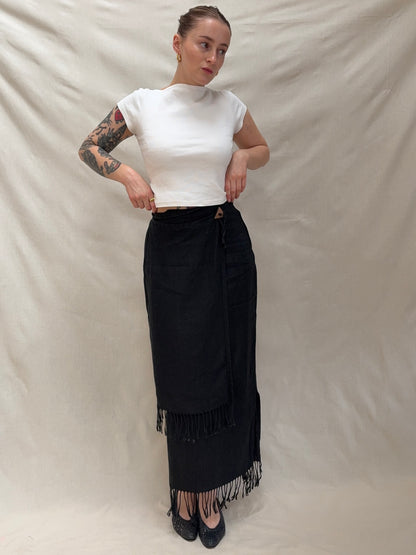 2000s Pure Linen Tassels Maxi Skirt