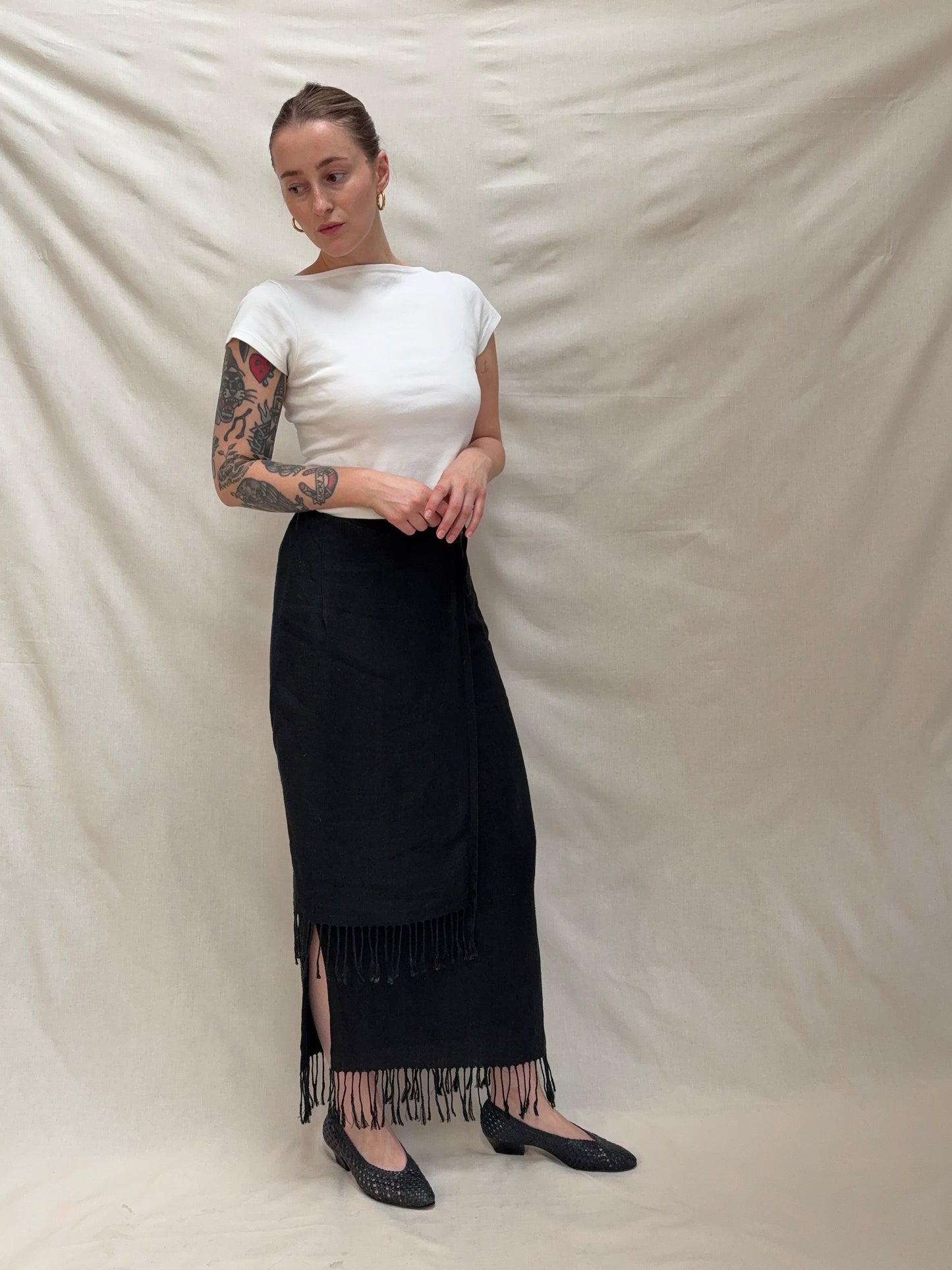 2000s Pure Linen Tassels Maxi Skirt