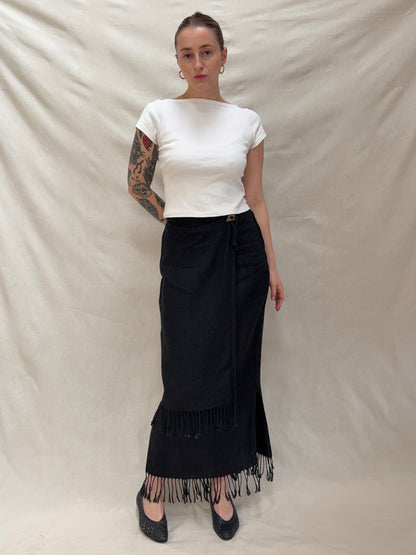 2000s Pure Linen Tassels Maxi Skirt