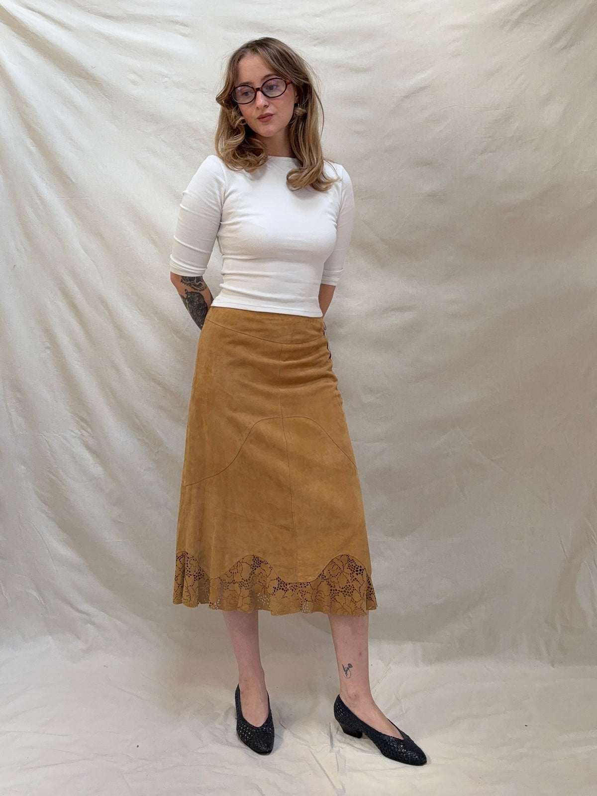 2000s Brown Suede Skirt with Lace