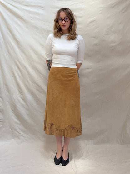 2000s Brown Suede Skirt with Lace