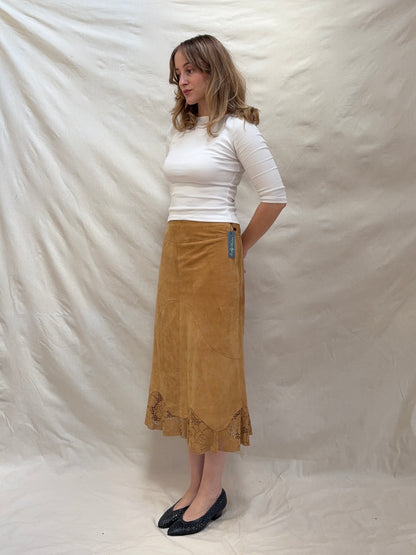 2000s Brown Suede Skirt with Lace