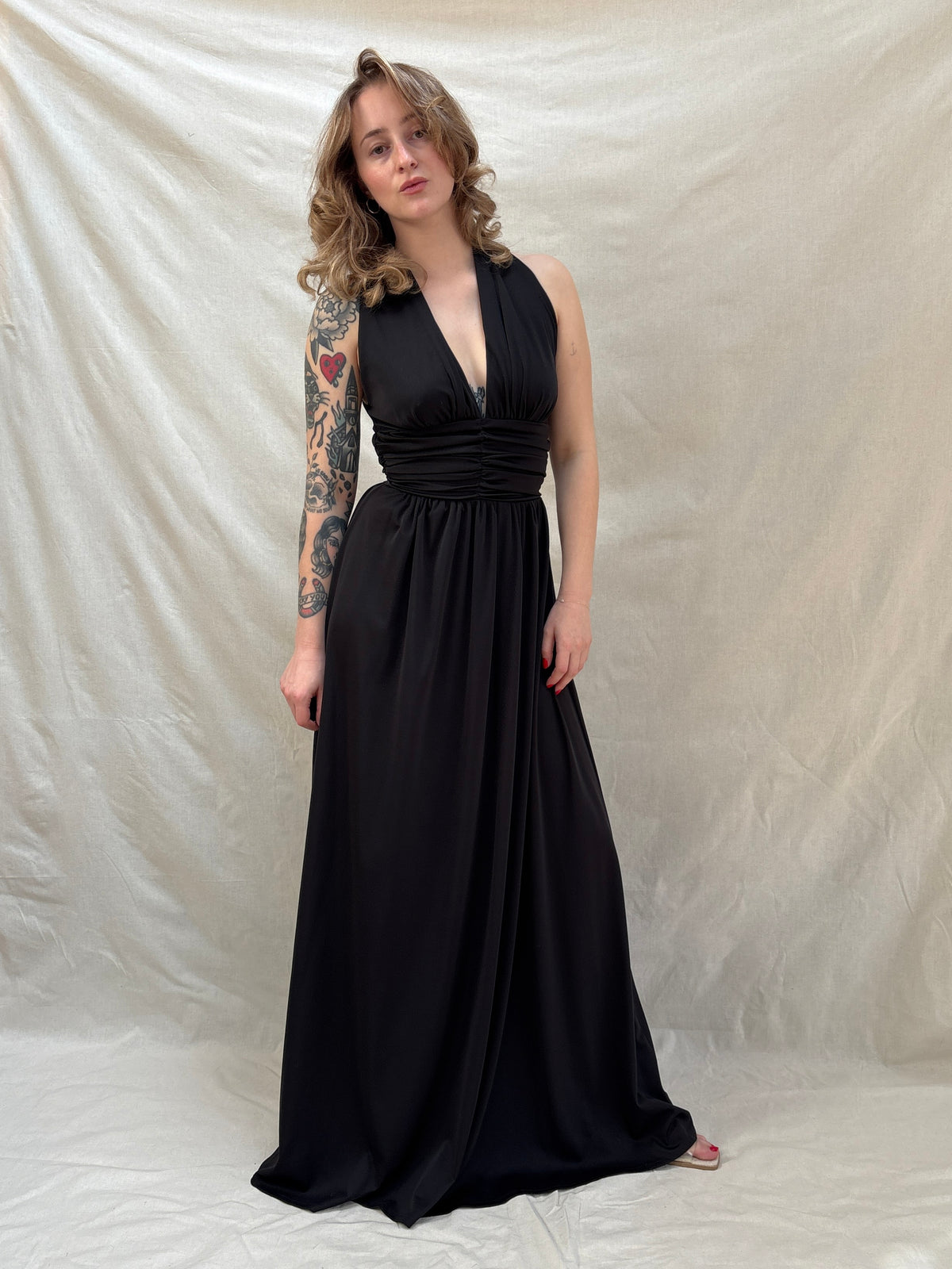 1970s Black Plunging Dress