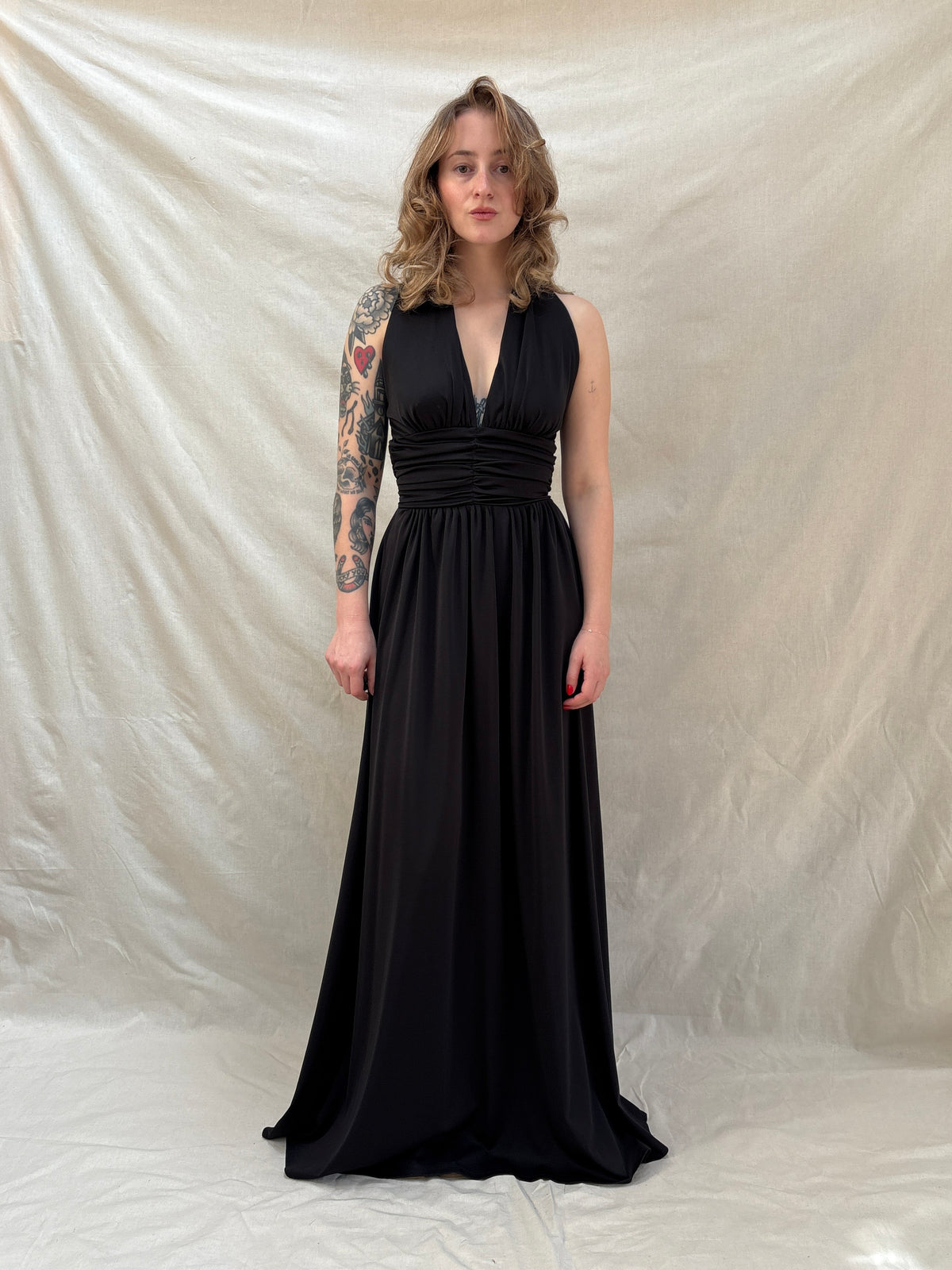1970s Black Plunging Dress