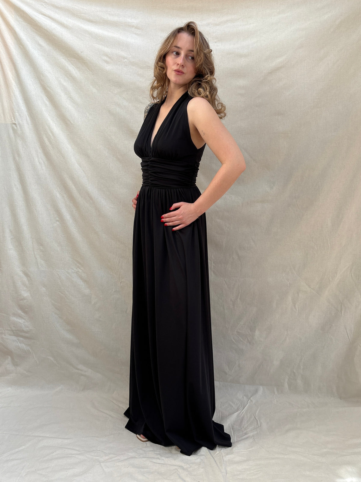 1970s Black Plunging Dress