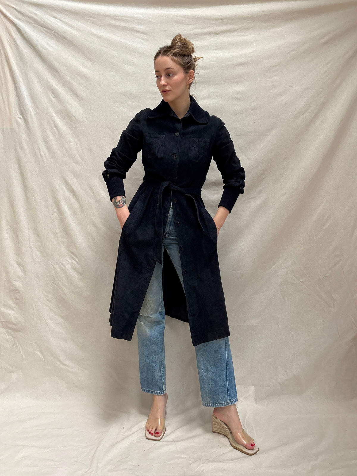 1970s Navy 'Furs-Ettex' Suede Trench Coat