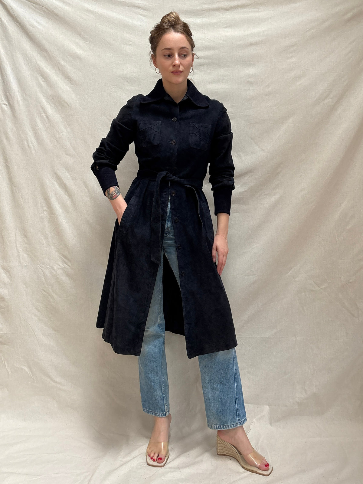 1970s Navy 'Furs-Ettex' Suede Trench Coat