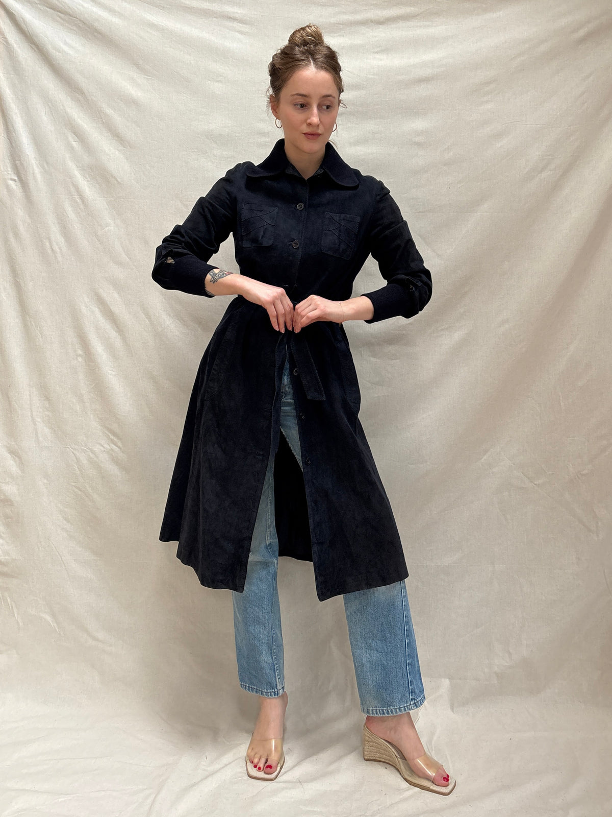 1970s Navy 'Furs-Ettex' Suede Trench Coat