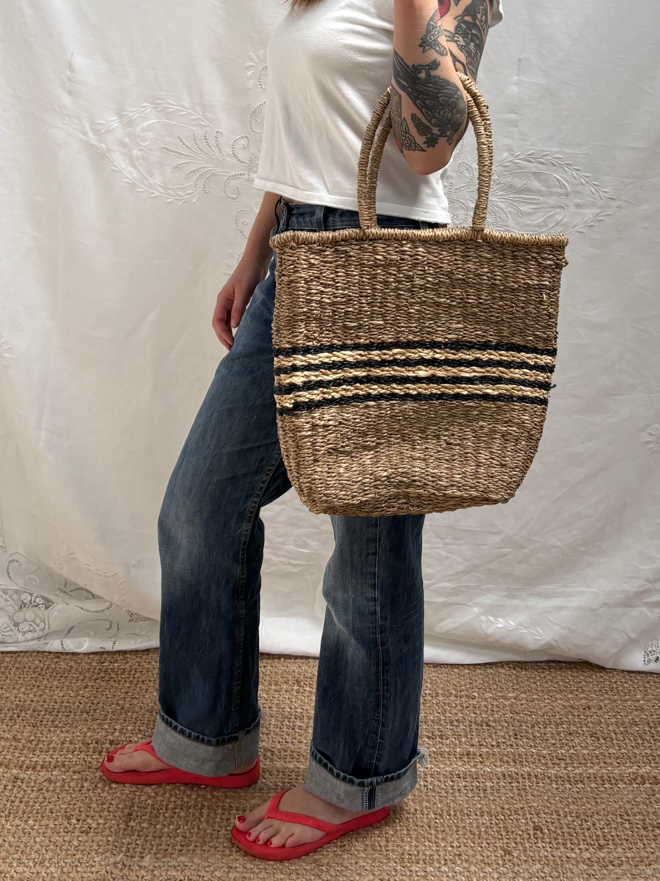 2000s Wicker Bag with Stripe