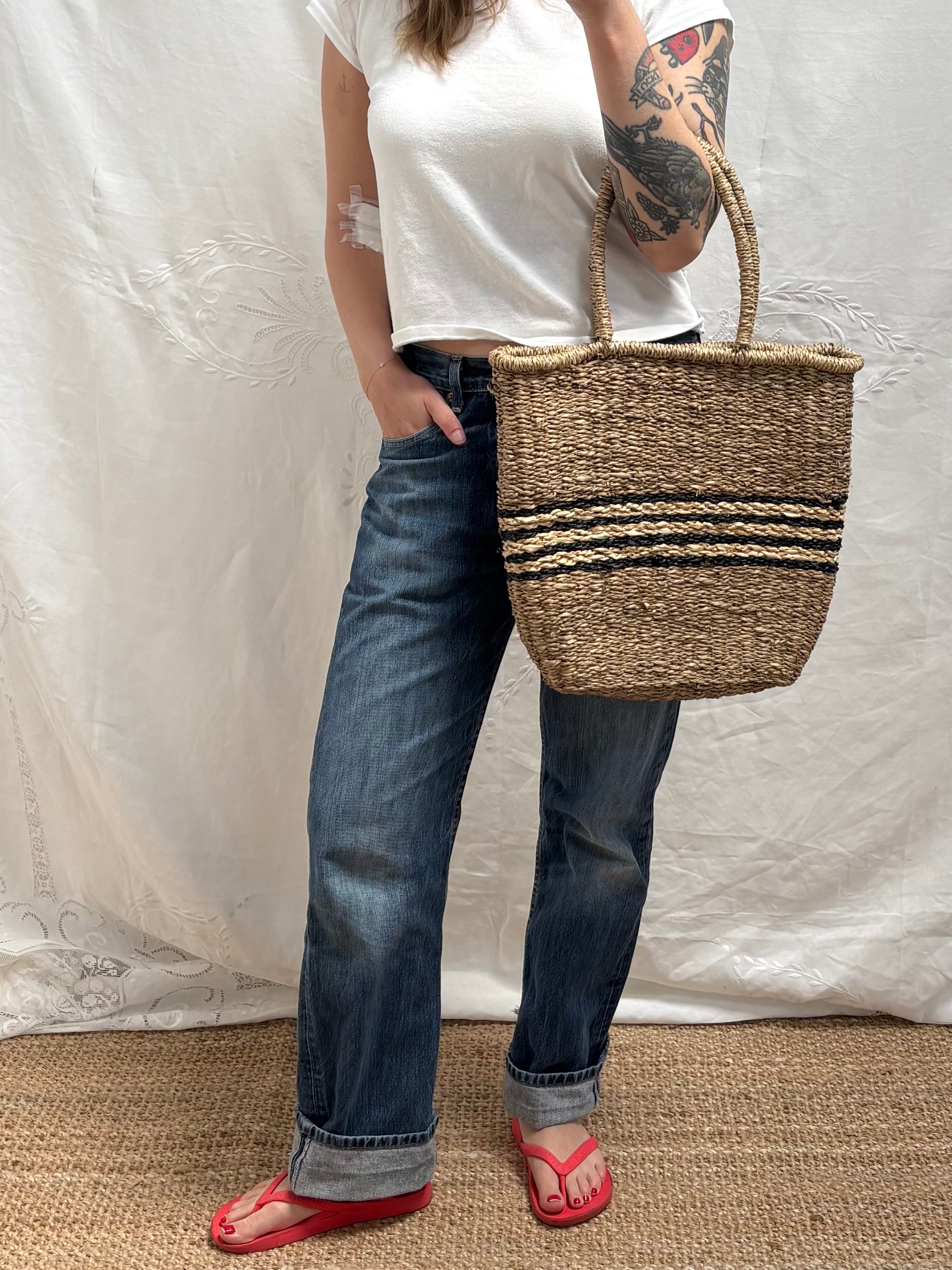 2000s Wicker Bag with Stripe