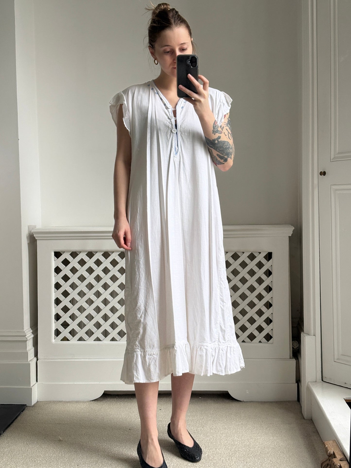 1930s White Cotton Nightdress with Blue Embroidery