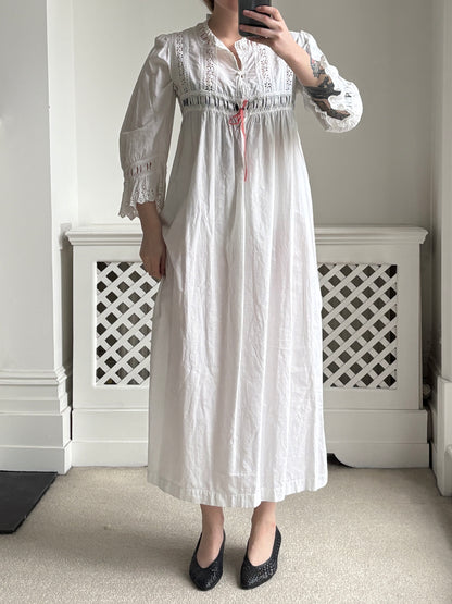 1890s Victorian White Cotton Nightdress with Ribbons