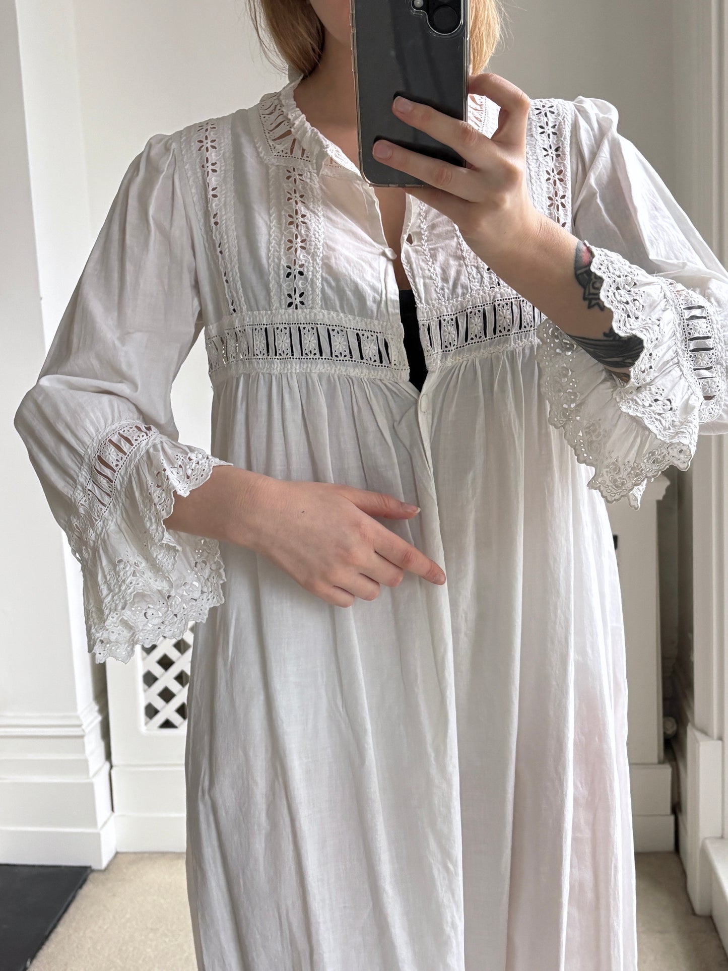 1890s Victorian White Cotton Nightdress with Ribbons