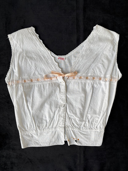1910s Cotton Corset Cover with Pale Pink Ribbon