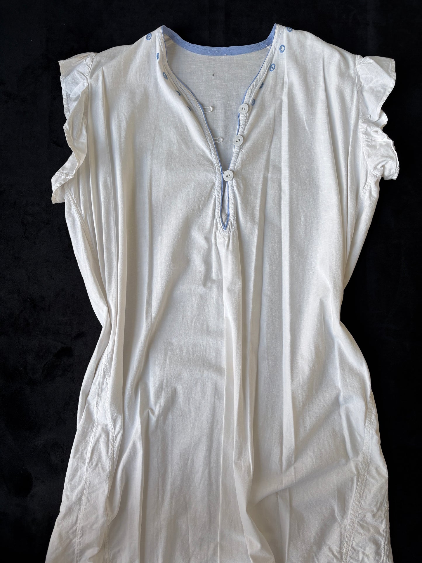 1930s White Cotton Nightdress with Blue Embroidery