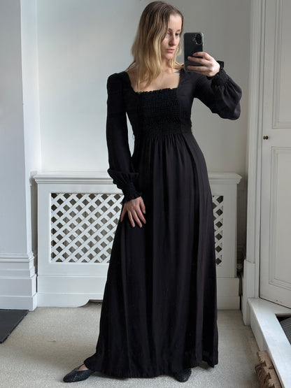 1970s 'Zamie' Black Maxi Dress with Smocking