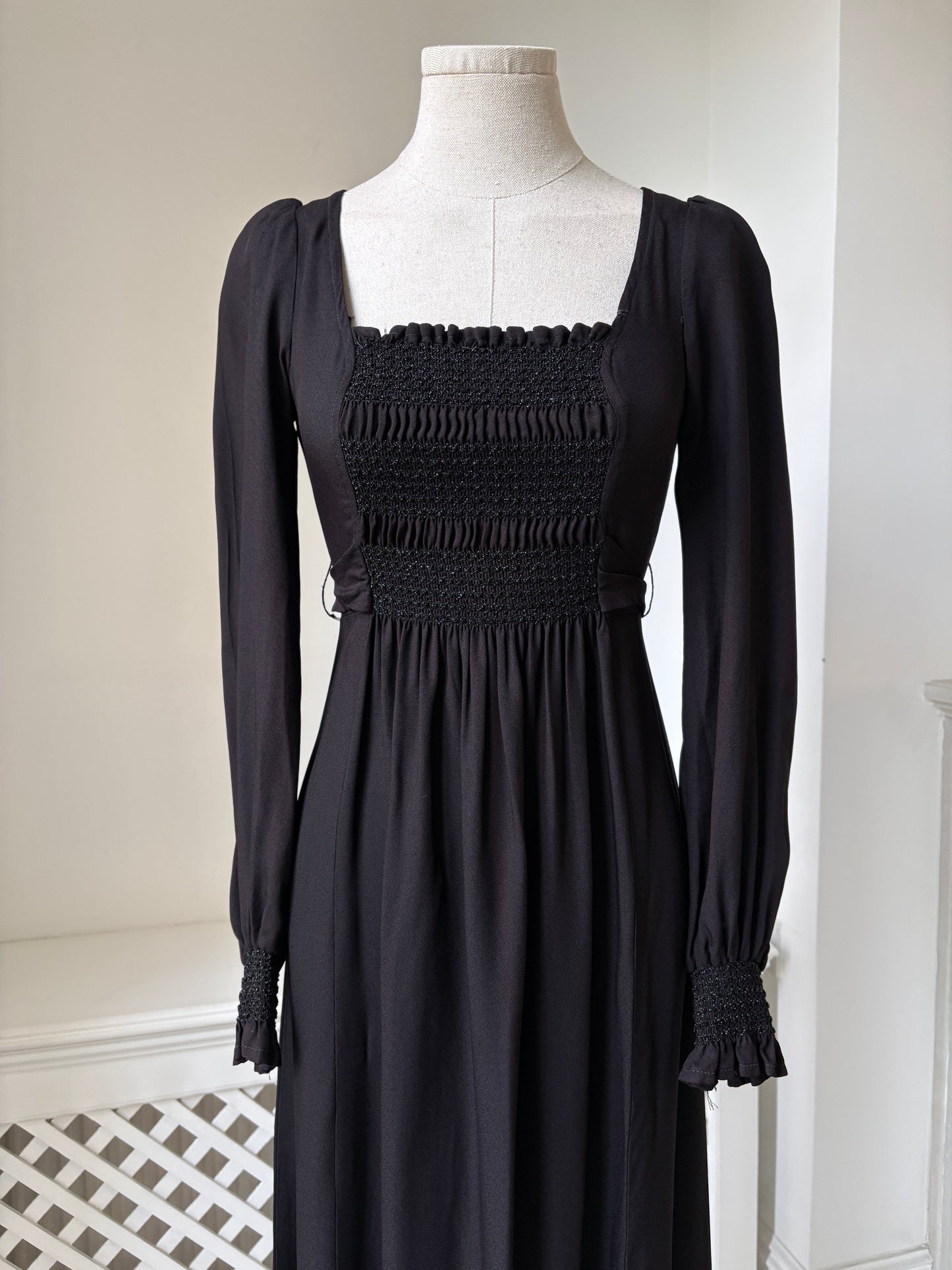 1970s 'Zamie' Black Maxi Dress with Smocking