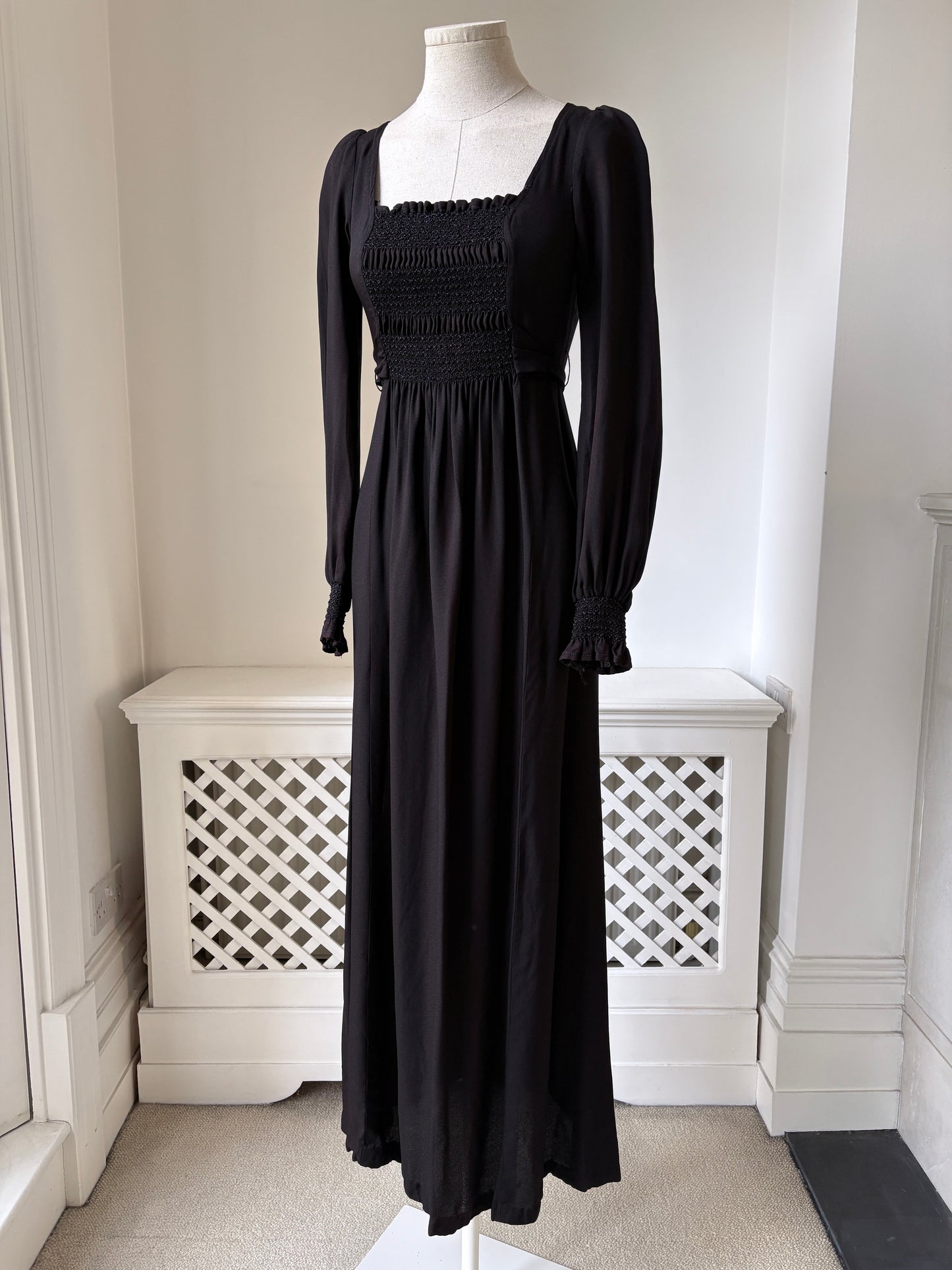 1970s 'Zamie' Black Maxi Dress with Smocking