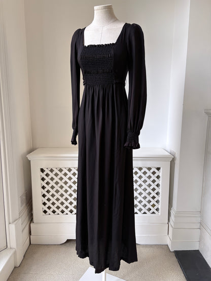 1970s 'Zamie' Black Maxi Dress with Smocking