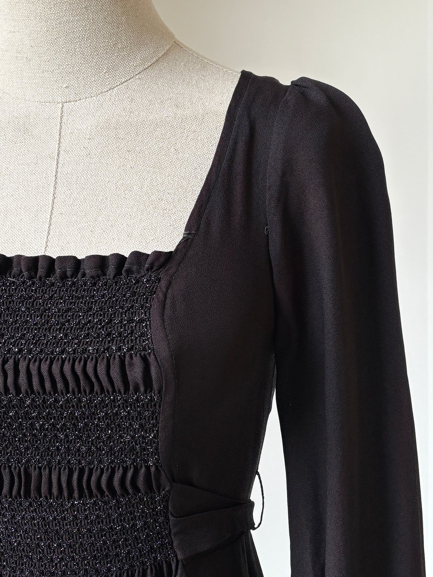 1970s 'Zamie' Black Maxi Dress with Smocking