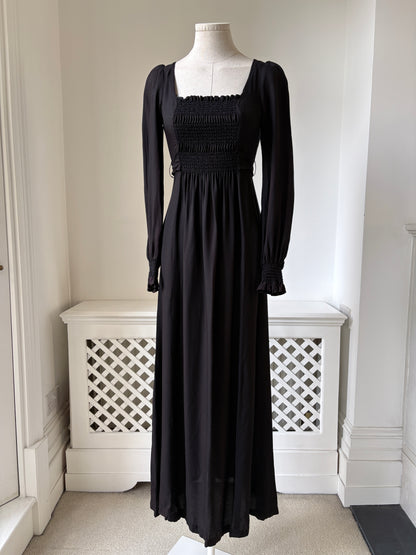 1970s 'Zamie' Black Maxi Dress with Smocking