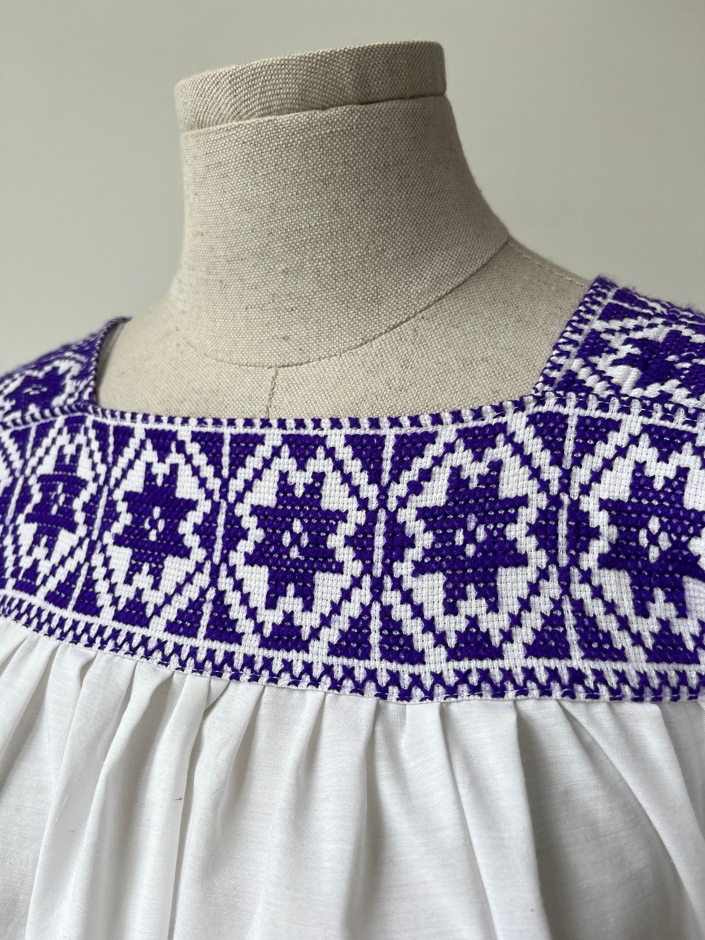 1970s White and Purple Embroidered Cross Stitch Cotton Dress