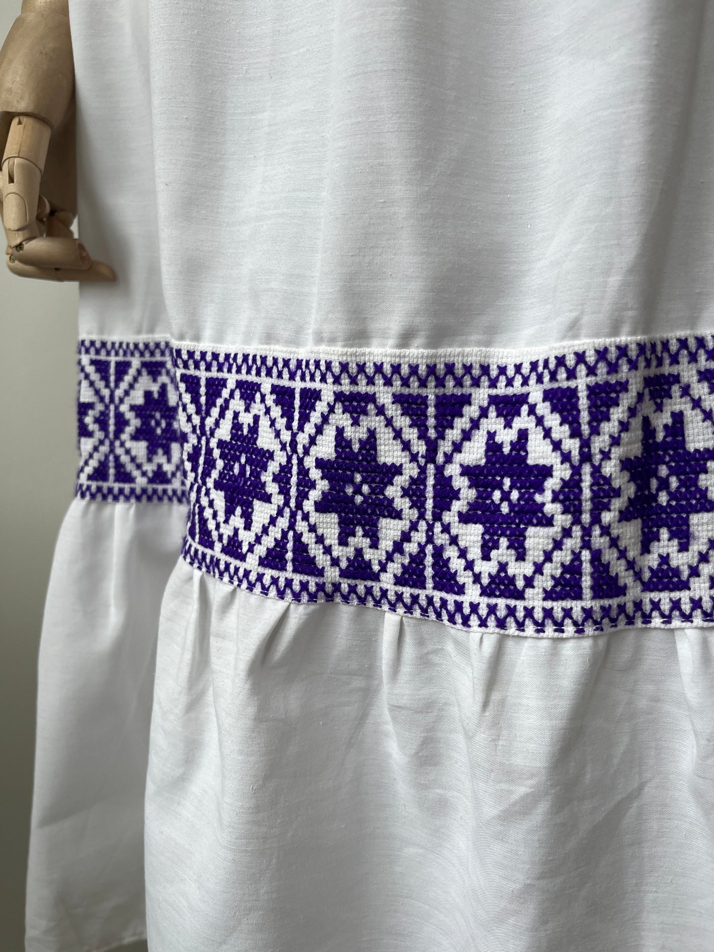 1970s White and Purple Embroidered Cross Stitch Cotton Dress