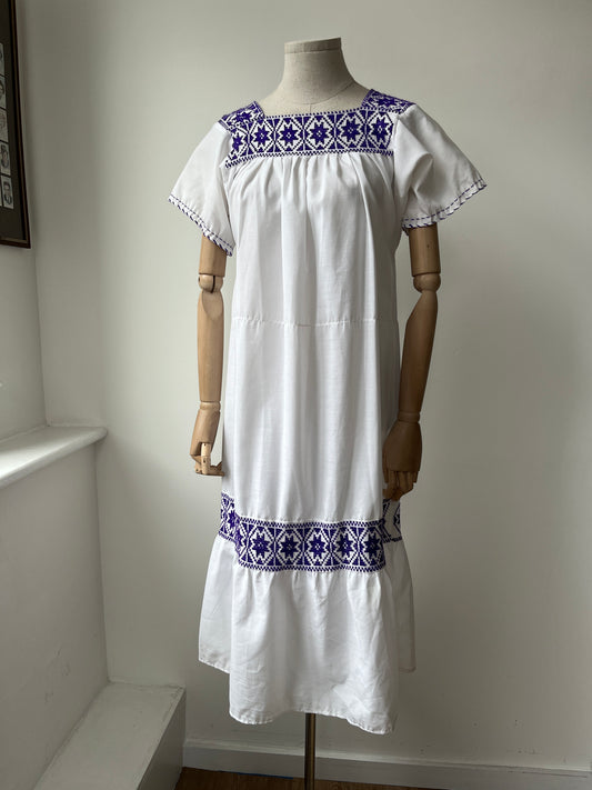 1970s White and Purple Embroidered Cross Stitch Cotton Dress