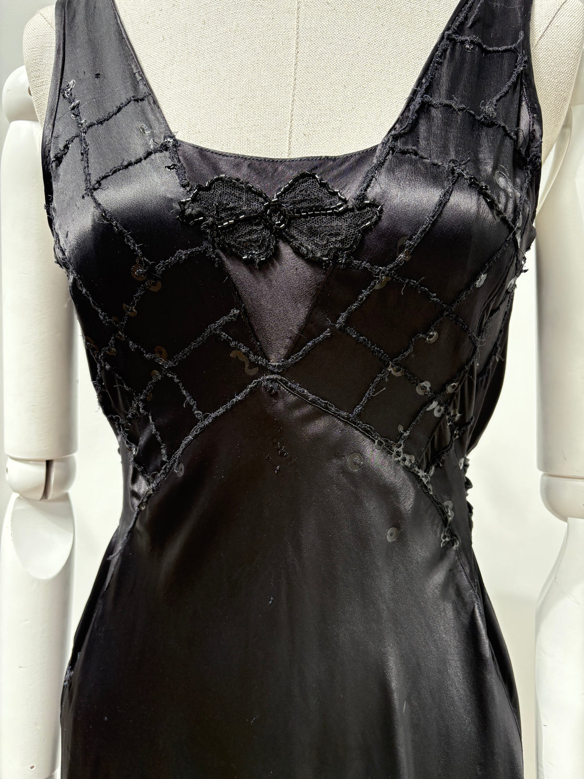 1930s Black Satin Beaded Evening Dress (wounded)