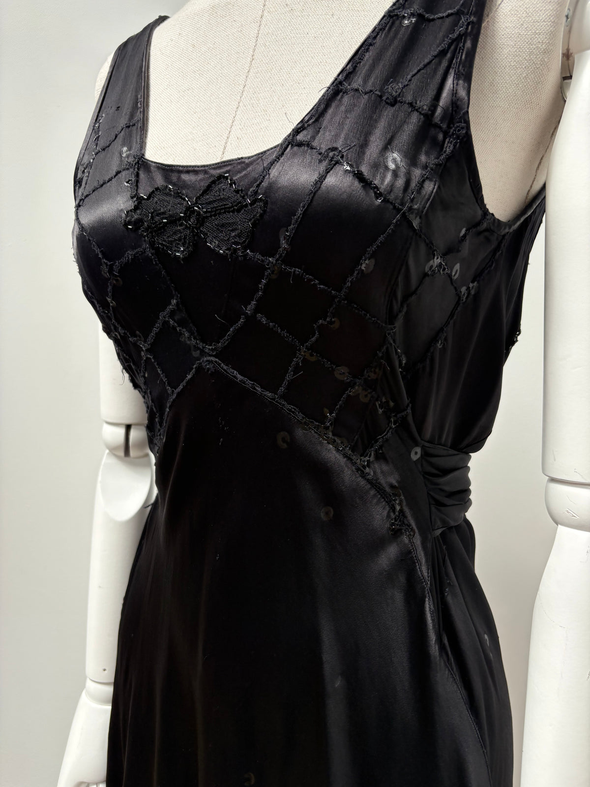 1930s Black Satin Beaded Evening Dress (wounded)